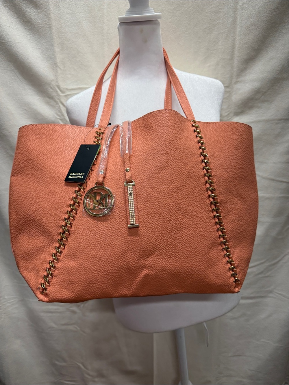 Badgley Mischka Coral Tote with Gold Chain Detail